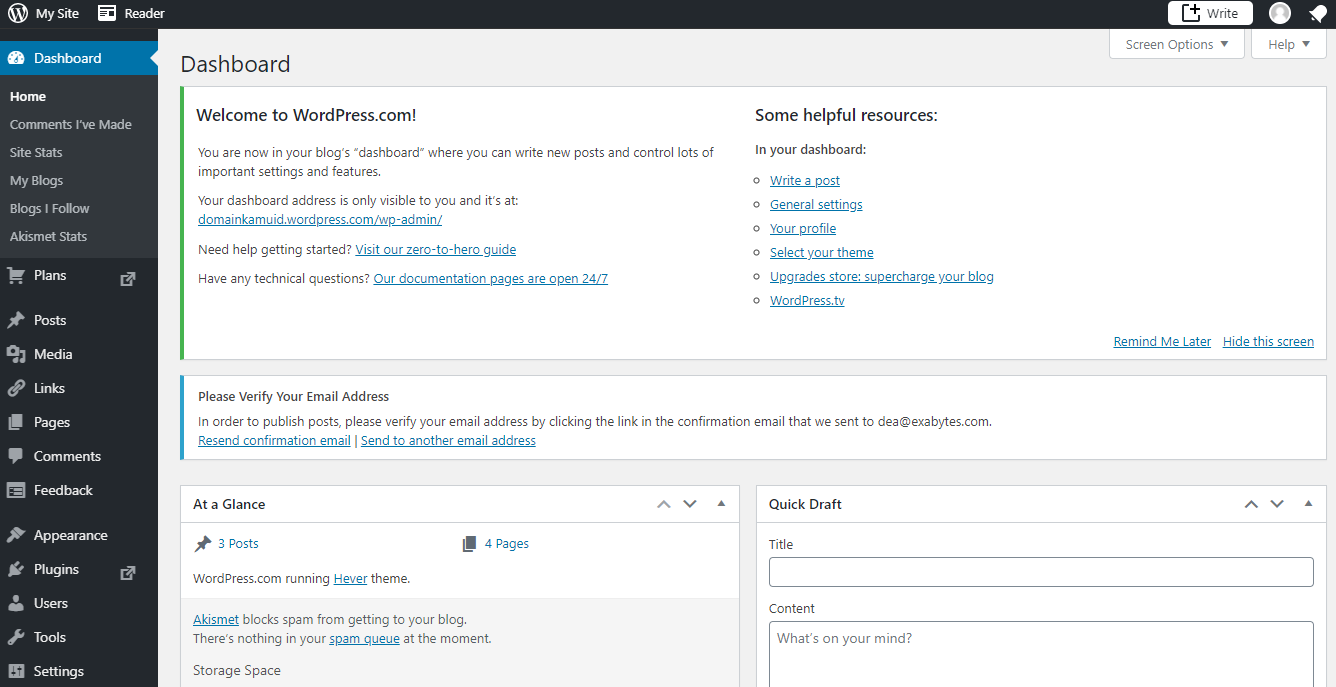 dashbord WordPress